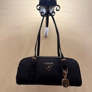 NWT Guess East West Baguette Shoulder Bag Black Leather with Charms Brand New